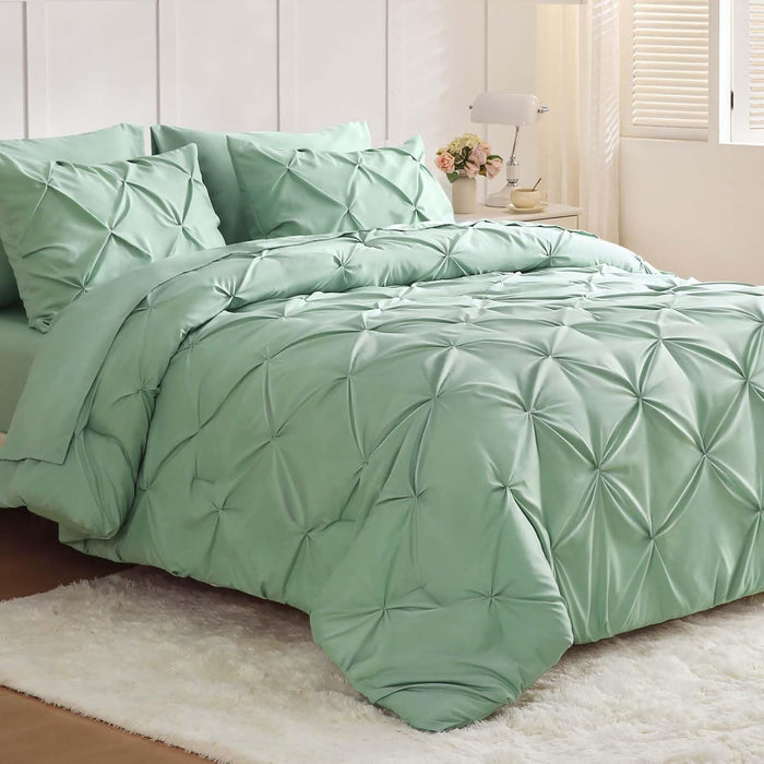 JOLLYVOGUE Queen Comforter Set 7 Pieces - Bed in a Bag Queen for All Season, Pintuck Bedding Comforter Sets with Comforter, Flat Sheet, Fitted Sheet and Pillowcases & Shams, Beige