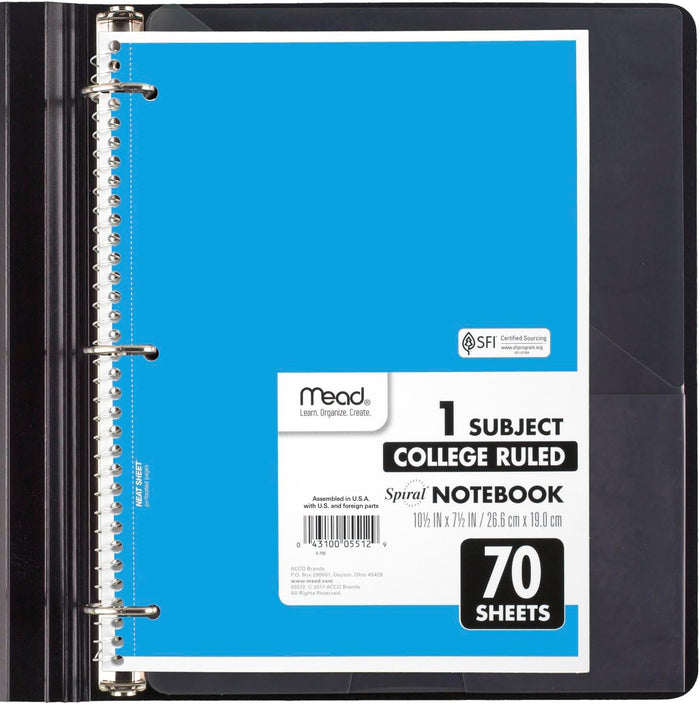 Mead Spiral Notebook, 6 Pack, 1 Subject, College Ruled Paper, 7-1/2" x 10-1/2", 70 Sheets per Notebook, Assorted Bright Colors (830050-ECM)