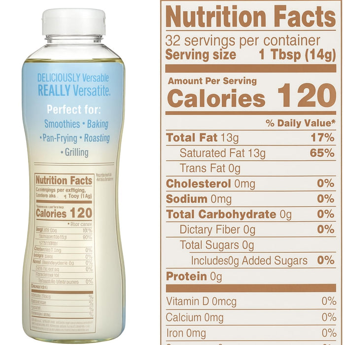 100% Pure Liquid Coconut Oil 16oz, Great for Cooking, 4x Medium Chain Triglycerides - Pack of 1