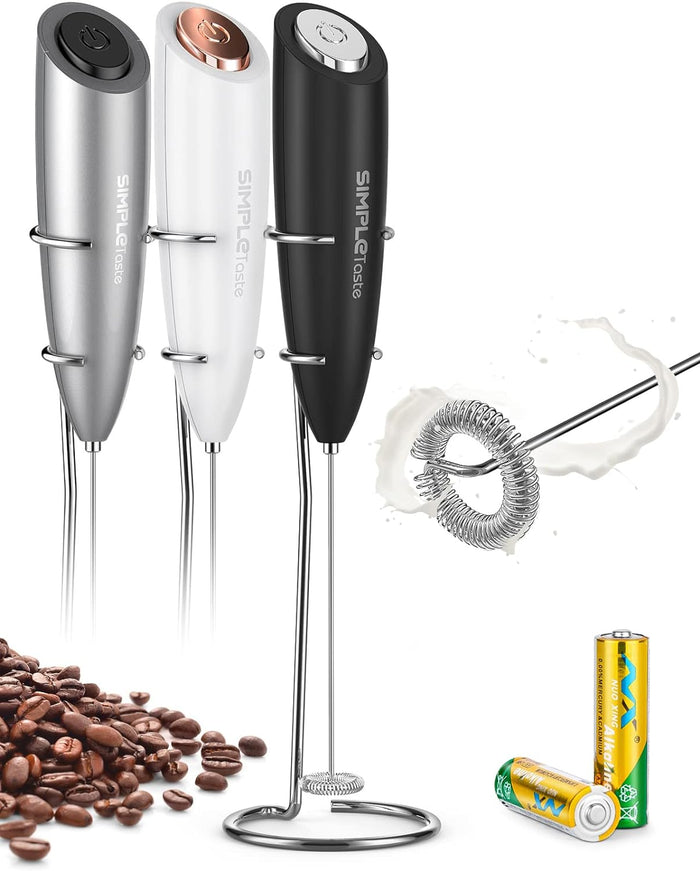 SIMPLETaste Milk Frother Wand Handheld Battery Operated Electric Whisk Foam Maker, Drink Mixer with Stainless Steel Whisk and Stand for Cappuccino, Bulletproof Coffee, Latte
