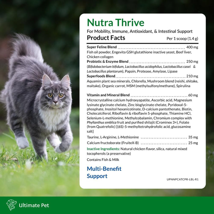Ultimate Pet Nutrition Nutra Thrive™ Cat Supplement, Vet-Developed Powder for Mobility, Immune Support, Antioxidants & Digestion with Probiotics, Collagen, & Superfoods, 30 Servings