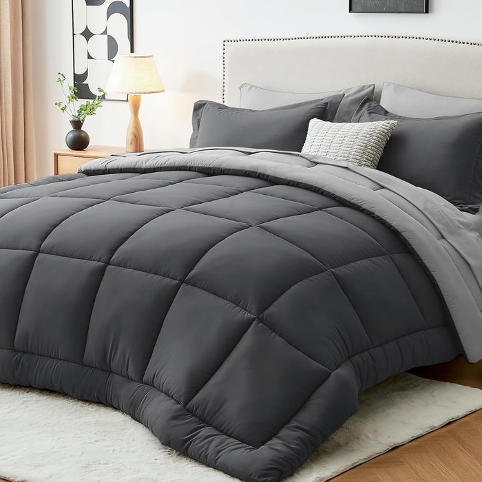 Sasttie Queen Comforter Set, 7 Pieces Bed in a Bag Queen, Complete Bedding Set Includes Grey Comforter, Flat Sheet, Fitted Sheet, Pillowcases and Pillow Shams, Dark Grey