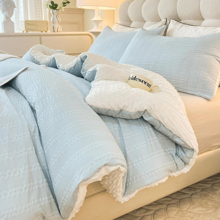 Boho Comforter Set Full Size Striped Pleats Bohemian Seersucker Bedding Set All Season Soft Cozy 3 Pieces Quilt with 2 Pillowcases(80"X90" Light Blue)