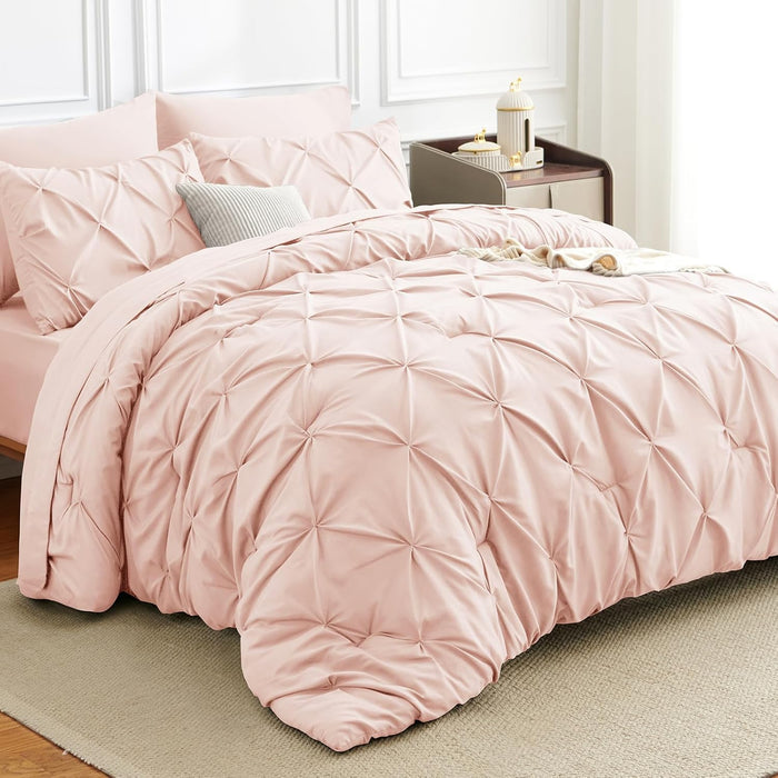 Full Comforter Set 7 Pieces Bed in A Bag Black Luxury Soft Full Size Bed Set Pintuck Pinch Pleat Bedding Sets with Comforter, Flat Sheet, Fitted Sheet and Pillowcases & Shams