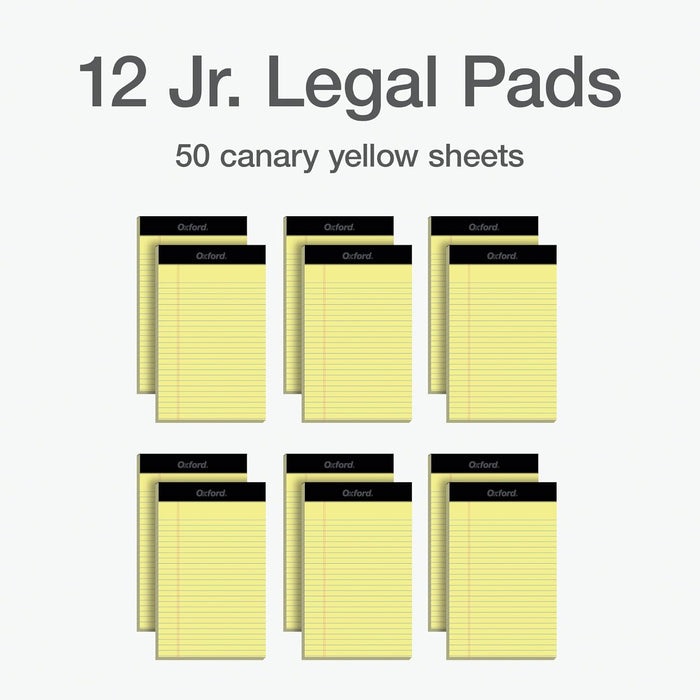 Oxford 5 x 8 Legal Pads, 12 Pack, Narrow Ruled, Perforated Canary Yellow Lined Paper, 50 Sheets Per Writing Pad, Small Notepads for Business, College & Office Use, Made in the USA (74017)