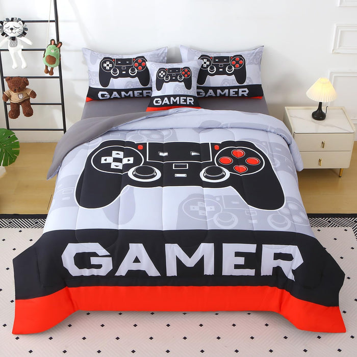 JQinHome Twin Gamer Comforter Sets for Boys&Girls ,6 Piece Bed in A Bag 3D Video Game Bedding -All Season Microfiber Gamer Bedding Sets for Kids, with Pillowcase, Flat & Fitted Sheet,Cushion Cover