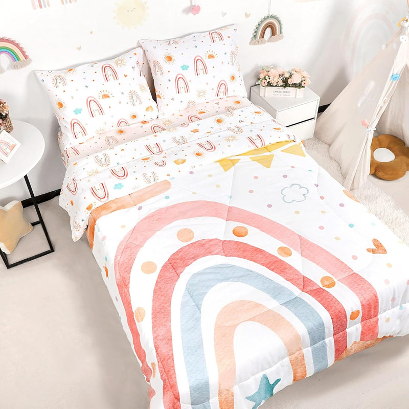 Toddler Bedding Set for Girls, 4 Piece Rainbow Toddler Girl Bedding Set, Super Soft & Lightweight Toddler Comforter Set Includes Comforter, Flat Sheet, Fitted Sheet, Pillowcase (Pink)
