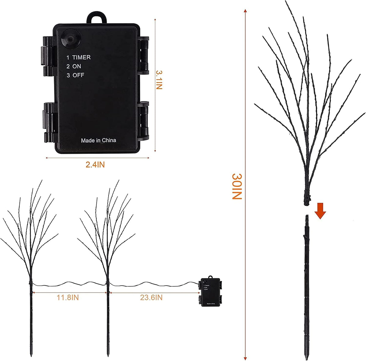 Lighted Halloween Tree Branches, 30IN 100LED Artificial Black Twig Branch with Purple&Orange Fairy Lights, Built-in Timer & Battery Operated, Waterproof for Outdoor Pathway Lawn Garden Decorations