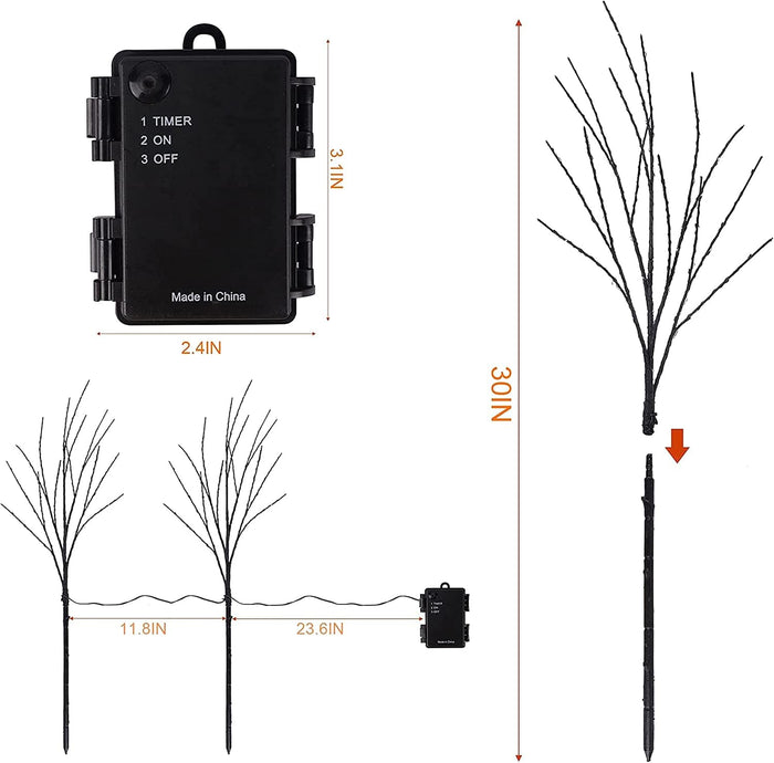 Lighted Halloween Tree Branches, 30IN 100LED Artificial Black Twig Branch with Purple&Orange Fairy Lights, Built-in Timer & Battery Operated, Waterproof for Outdoor Pathway Lawn Garden Decorations