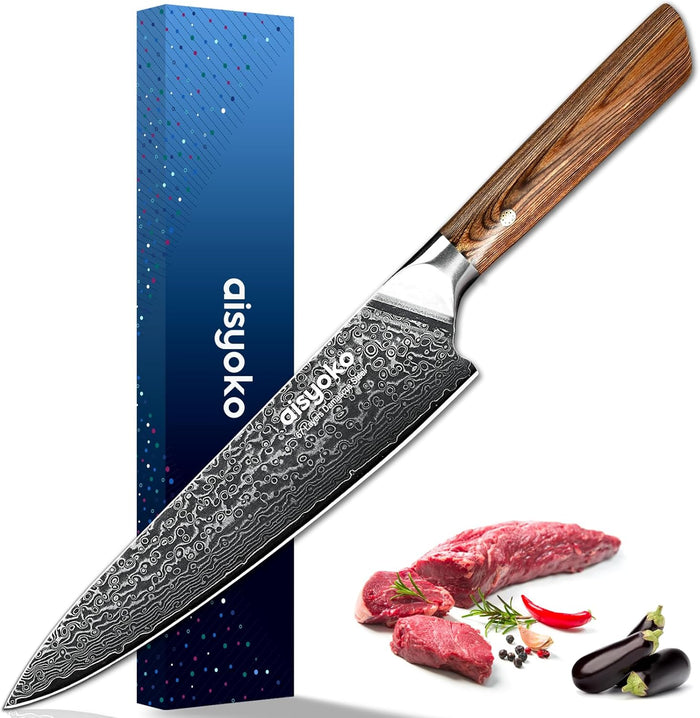 Chef Knife 8 Inch Damascus Japan VG-10 Super Stainless Steel Professional High Carbon Super Sharp Kitchen Cooking Knife, Ergonomic Color Wooden Handle Luxury Gift Box