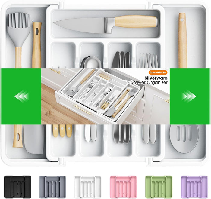 Silverware Organizer，Adjustable & Expandable Utensil Drawer Organizer, BPA Free Utensil Holder, Cutlery Tray for Forks, Spoons, Knives in Kitchen, Medium, Black