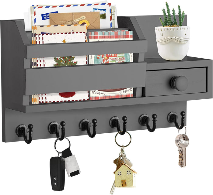 VIS'V Key Holder Wall Mount, Wooden Mail and Key Organizer with Drawer and Shelf, 2 Slots, 6 Hooks, Black