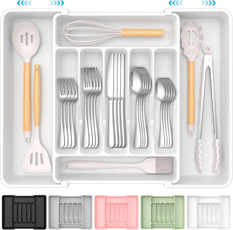 Extra Large Expandable Silverware Organizer, BPA-Free Food-Safe Cutlery Flatware Organizer, Kitchen Utensil Drawer Organizer, Adjustable Silverware Holder for Spoons Forks Knives, Black