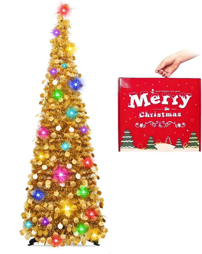 MACTING Christmas Pop up Tree with 50 LED Lights Timer 5FT Silver Collapsible Tinsel Pencil Tree Easy-Assembly Coastal Glitter Artificial Tree for Porch Apartment Corner Home Party Xmas Decorations