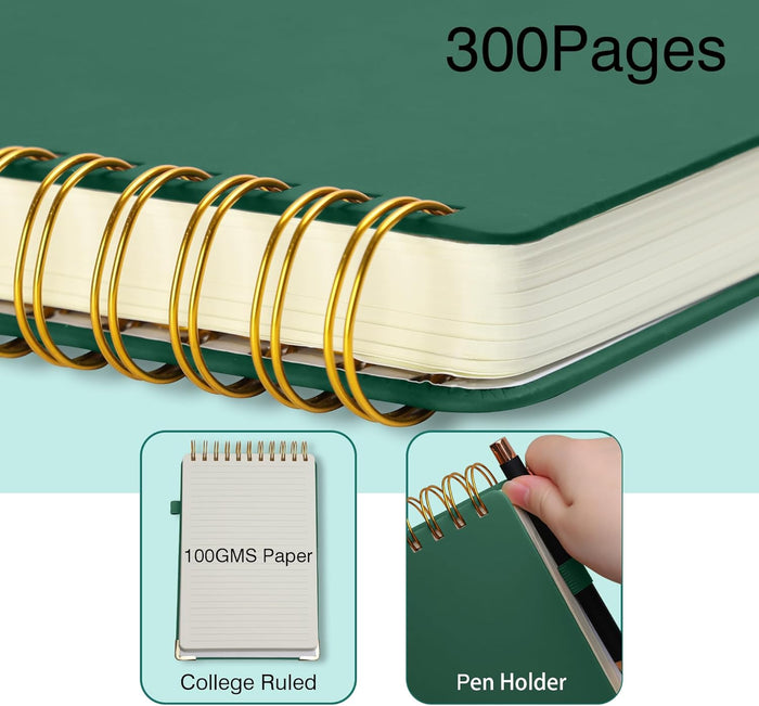 Simind Top Spiral Notebook 6x9 Leather Steno Pad 300 Pages Hardcover Steno Notebooks Top Spiral for Work Steno NotePad, 100 GSM Thick Paper, Left Handed Notebooks for Office College School,Green