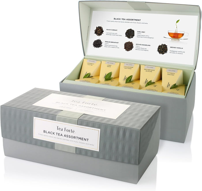 Tea Forte Tea Sampler Presentation Box, 20 Assorted Handcrafted Pyramid Tea Infuser Bags, Tea Tasting Assortment: Black, White, Green, Herbal