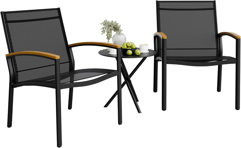 Shintenchi 3 Pieces Patio Bistro Sets, Outdoor Textilene Fabric Conversation Bistro Set, Textilene Fabric Front Porch Chairs Small Patio Furniture Set with Table for Lawn,Garden,Balcony (Grey)
