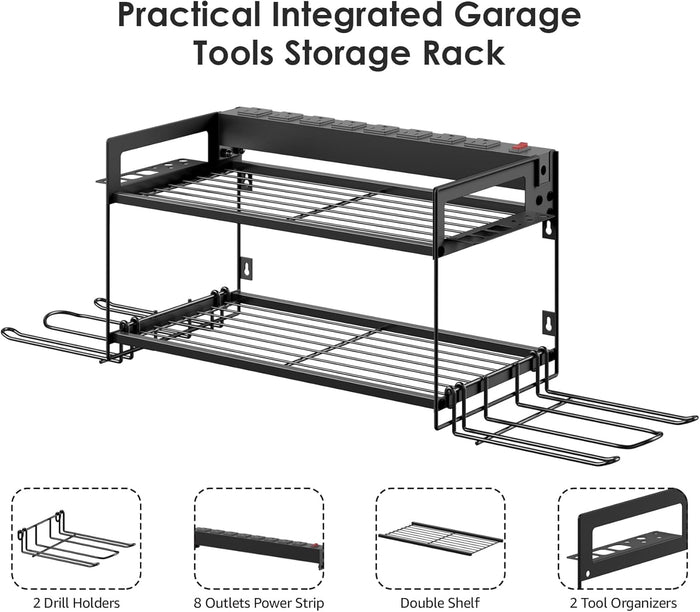 CCCEI Garage Tools Storage with Charging Station. Power Tool Battery Organizer Utility Shelf with Power Strip. 4 Drills Holder Wall Mount Rack, Black.