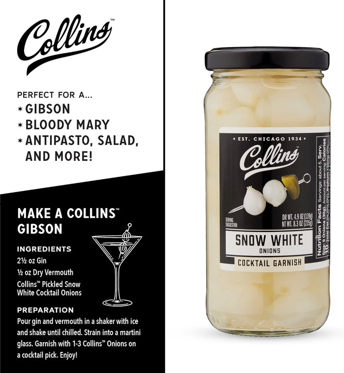 Collins Gourmet Snow White Cocktail Onion - Pickled Onion jar for Cocktails, Bloody Mary ingredients, Meat and Cheese Trays and Snacks - Pickled Onions 8oz