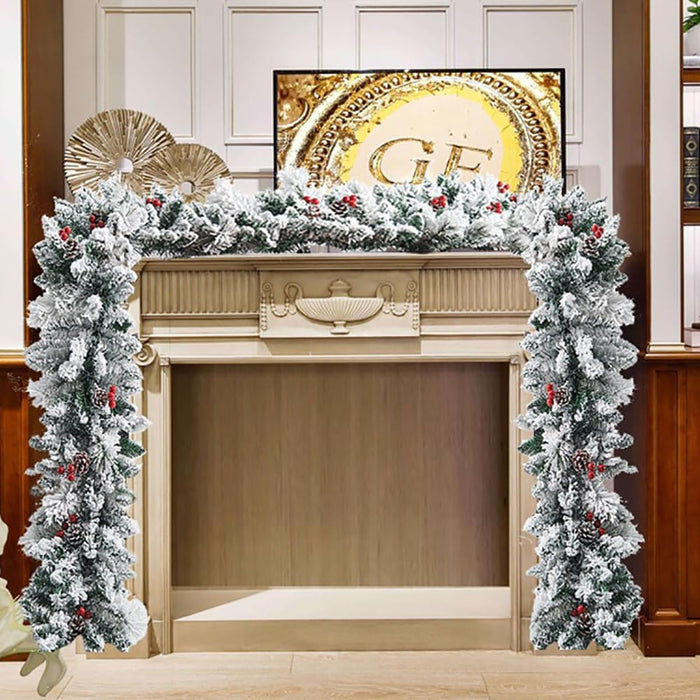 Christmas Garland with Lights,Xmas Garlands with Timer, 9ft Lighted Xmas Garland Snow for Mantle Staircase Front Door Stairs Railing Window Fireplace Winter Outdoor Home Decorations
