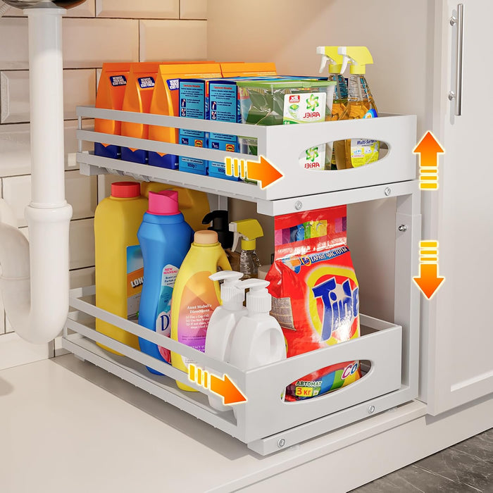 Under Sink Organizer, 2 Tier Under Sink Organizers and Storage, Adjustable Height, Slide Out Metal Cabinet Organizers, Pull Out Cabinet Storage Drawer Shelf for Kitchen Bathroom Gray, 2 Pack