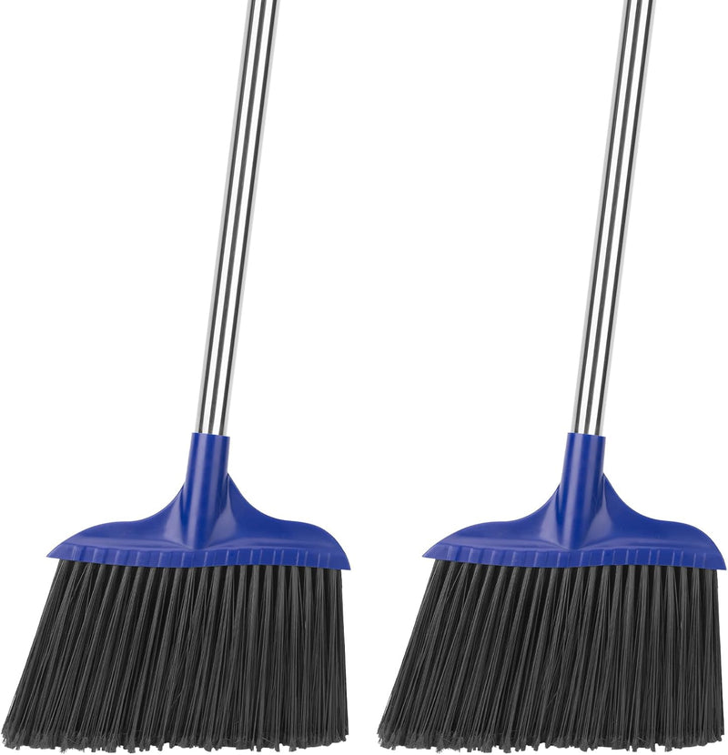 16 Inch Push Broom Outdoor 2 in 1 with Rubber Squeegee and Stiff Bristle Deck Brush 58" Long Handle for Deck Patio Garage Warehouse Driveway Concrete Floor Cleaning Scrubbing(Blue)
