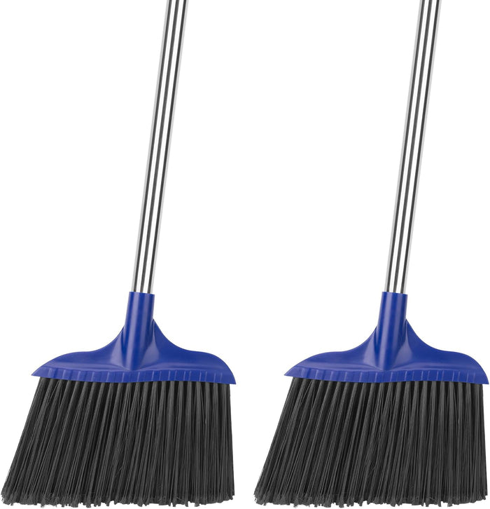 16 Inch Push Broom Outdoor 2 in 1 with Rubber Squeegee and Stiff Bristle Deck Brush 58" Long Handle for Deck Patio Garage Warehouse Driveway Concrete Floor Cleaning Scrubbing(Blue)