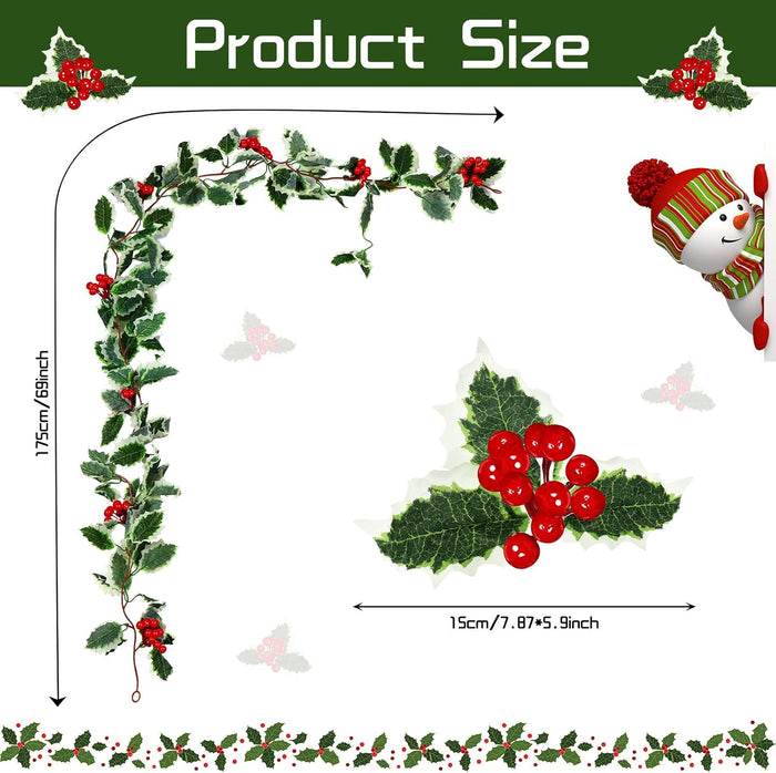 9 Pcs Holly Garland with Berries Set Includes 5.7 ft Christmas Red Berry Garland Decoration with Hooks Green Leaves Winter Outdoor Vines for Stairs Mantel Table Fireplace Home Decor