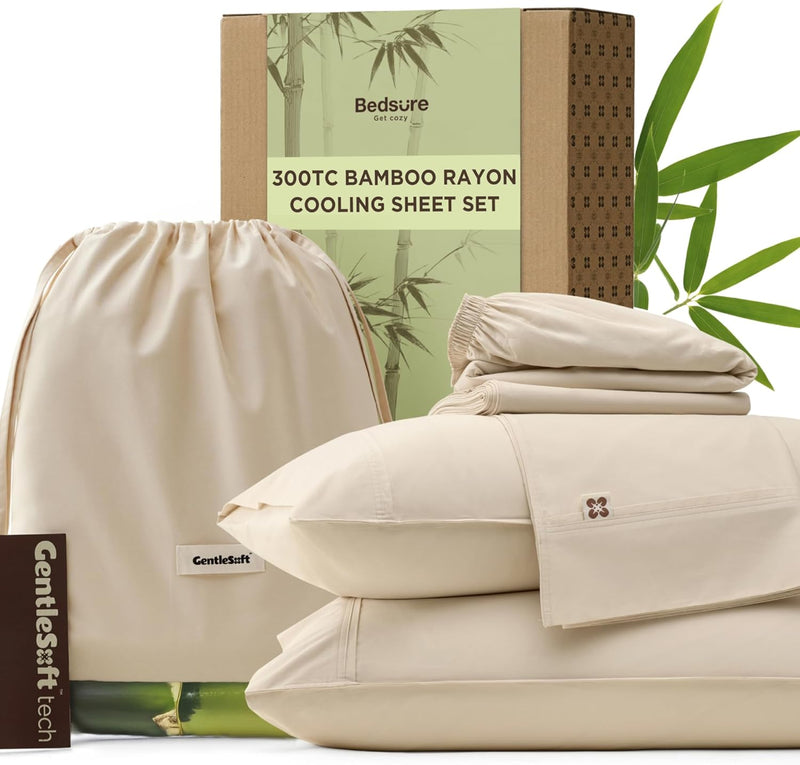Bedsure King Size Sheets Set, Bamboo Viscose Sheets, Rayon Cotton Blend, GentleSoft, Breathable, Deep Pocket Up to 18 Inches, Hotel Luxury Bedding for Hot Sleepers, White