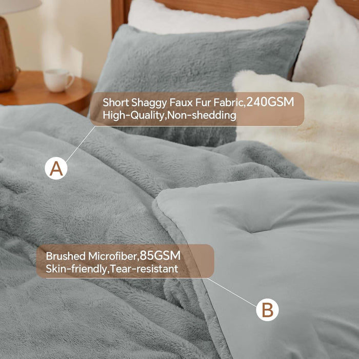 BEDELITE Faux Fur Fleece Queen Comforter Set - Fluffy & Warm Grey Comforter Queen Size，Ultra Soft and Cozy Winter Bedding Set,Fuzzy Thick Bed Set,1 Comforter and 2 Pillowcases
