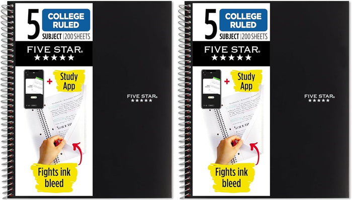 Five Star Spiral Notebook + Study App, 5 Subject, College Ruled Paper, 8-1/2" x 11", 200 Sheets, Fights Ink Bleed, Water Resistant Cover, Black (72081)