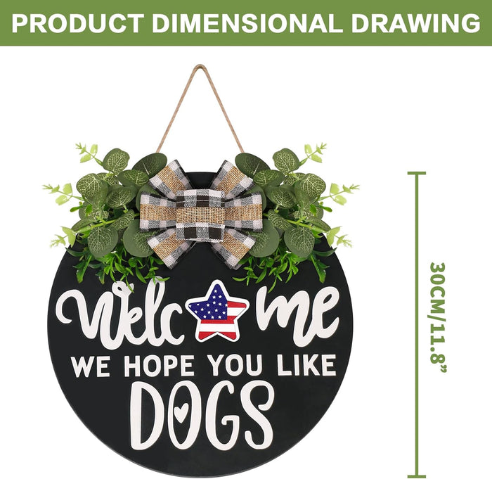 Interchangeable Wooden Seasonal Welcome Sign, Rustic Round Dogs Sign Front Door Wreaths for Home/Wall/Porch Decor, for Easter Spring Summer Fall Halloween Christmas All Season Decorations