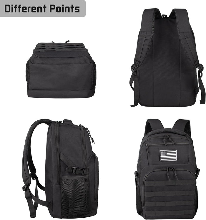 15.6'' Travel Laptop Backpack for Men, 30L Tactical College Backpacks with Water Pouches Both Sides, Portable Backpack for Men Women Business Work Bag Fight Approved, Black Backpack