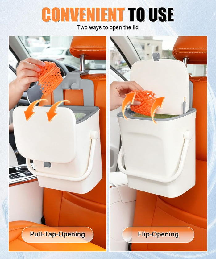SINGARO Car Trash Can with Lid and Phone Holder, Universal Trash Bin, Waterproof Hanging Vehicle Garbage Can, Leak Proof Organizers and Storage, Car Accessories Interior for Women Men, White
