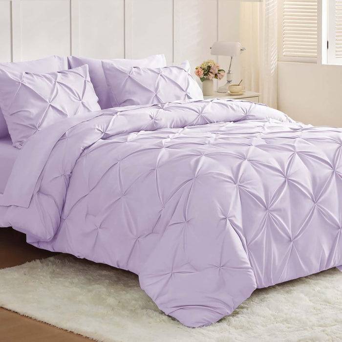 JOLLYVOGUE Queen Comforter Set 7 Pieces - Bed in a Bag Queen for All Season, Pintuck Bedding Comforter Sets with Comforter, Flat Sheet, Fitted Sheet and Pillowcases & Shams, Beige