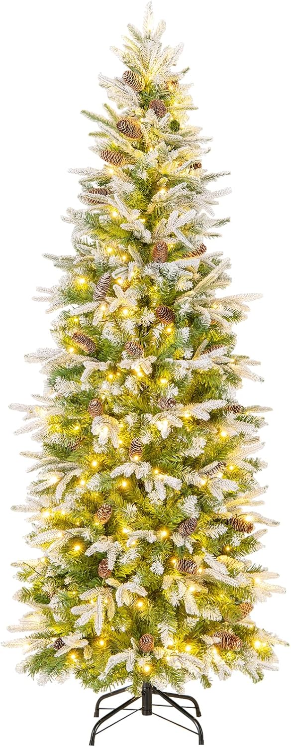 Goplus 7.5 FT Pre-Lit Artificial Christmas Tree, Snow Flocked Hinged Xmas Tree with 470 Warm-White LED Lights, 1135 Tips, 81 Pine Cones, Lighted Xmas Tree for Office Home Decoration