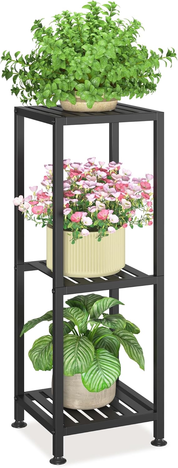 LASZOLA Black 3 Tiered Wood Plant Stand Indoor for Larger Heavy Duty Planter, Sturdy Multi Level Vertical Flowers Racks for Narrow Inside Floor , Decorate Shelving for Hold House Tree, Space Saving