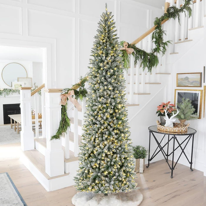 Glitzhome 7.5ft Pre-Lit Green Fir Christmas Tree, Cascade Evergreen Slim Artificial Holiday Christmas Tree with with 350 Strawberry Lights,9 Functional Warm White/Multi-Color, Remote Controller