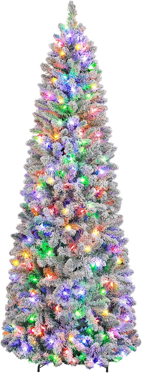 Hykolity 7.5 ft Prelit Artificial Pencil Slim Christmas Pine Tree with 792 PVC Branch Tips, 300 Warm White LED Lights, Metal Stand and Hinged Branches, Perfect for Home, Decoration