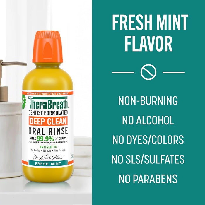 TheraBreath Deep Clean Mouthwash, Antiseptic Benefits, Fresh Mint Flavor, Dentist Formulated, Alcohol Free, 16 fl oz (Pack of 2)