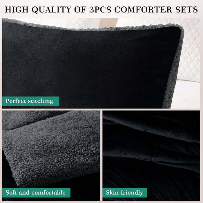 MERITLIFE Fluffy Sherpa Queen Size Bedding Comforter Sets Queen Comforter Set-3 Pieces Bed in a Bag Black Soft Comforter and Pillowcase Luxury Warm Bedding Set for Winter