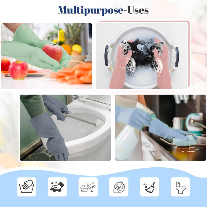 Rubber Kitchen Dishwashing Gloves - 4 Pairs Reusable Household Cleaning Gloves, Flexible and Durable & Non-slip Cleaning Gloves, Great for Kitchen, Bathroom, Laundry (Pink+Green+Blue+Grey)