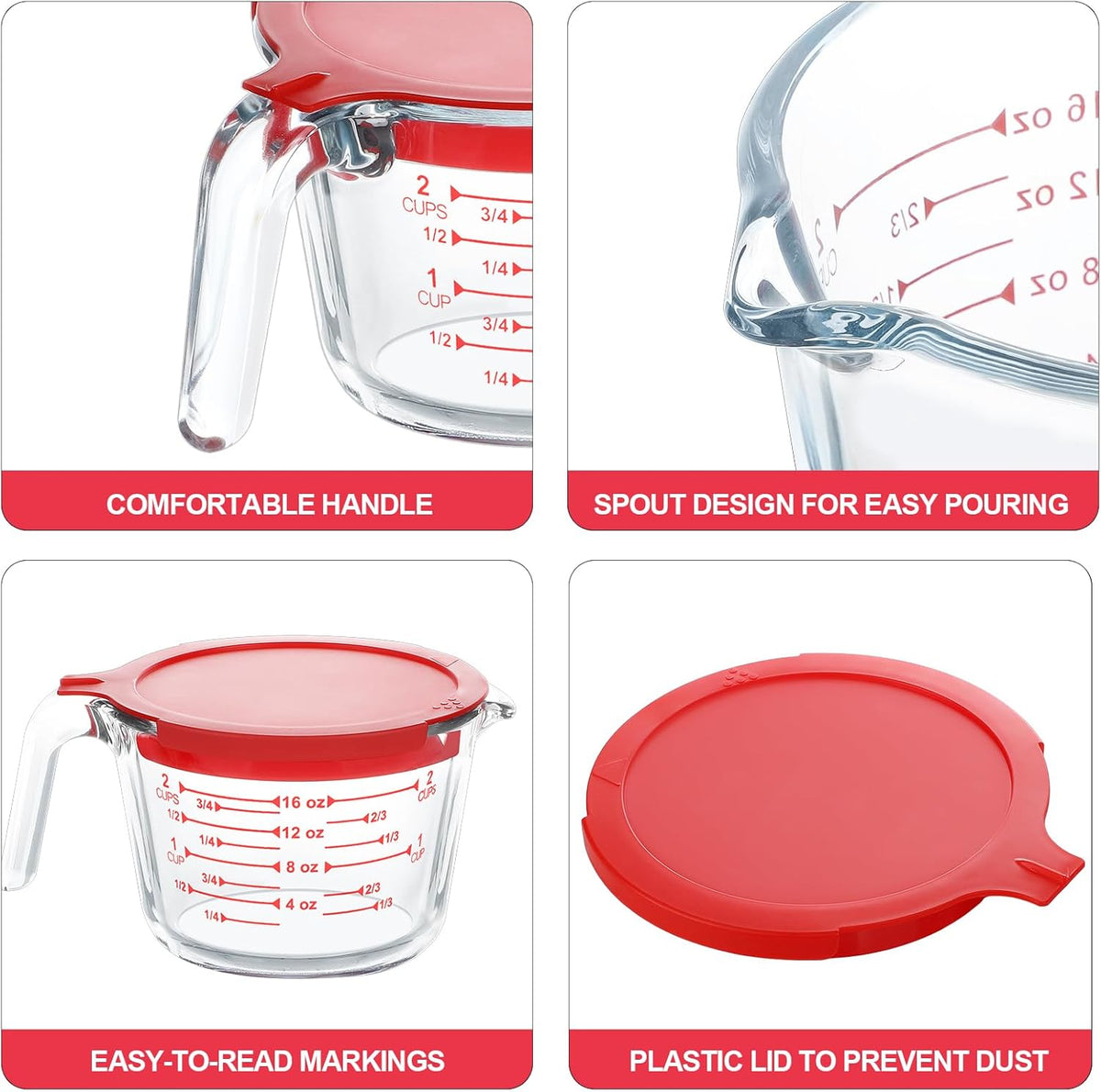 KOMUEE 4 Piece Glass Measuring Cups Set, 5 Oz, 1-Cup, 2-Cup, 4-Cup Liquid Measuring Cups with Lids for Kitchen, Freezer and Microwave Safe