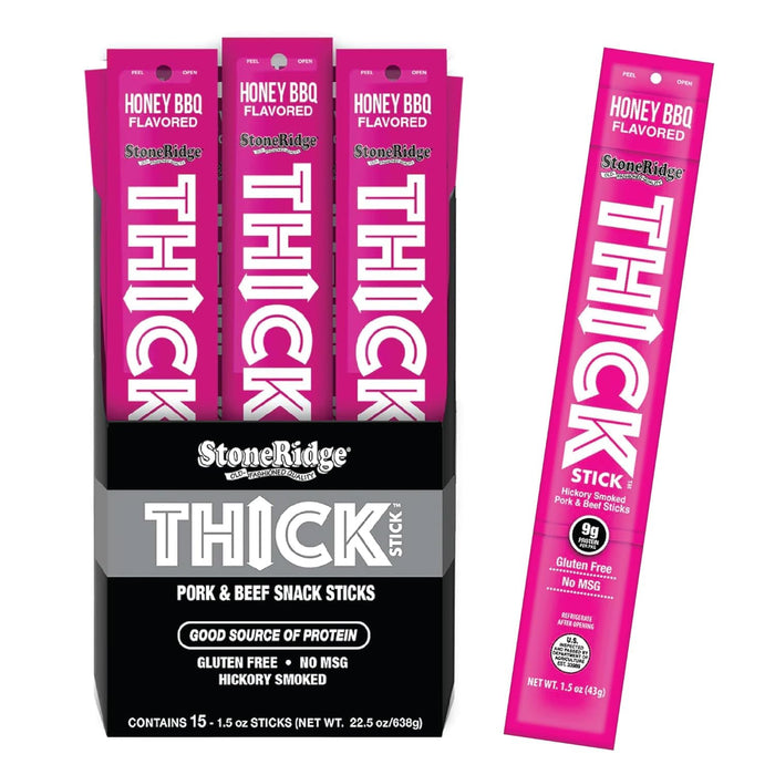 STONERIDGE OLD-FASHIONED QUALITY HONEY BBQ THICK STICK Hickory Smoked Pork and Beef Snack Sticks, Gluten Free, No MSG, 15 Count, 1.5 oz Sticks, High Protein