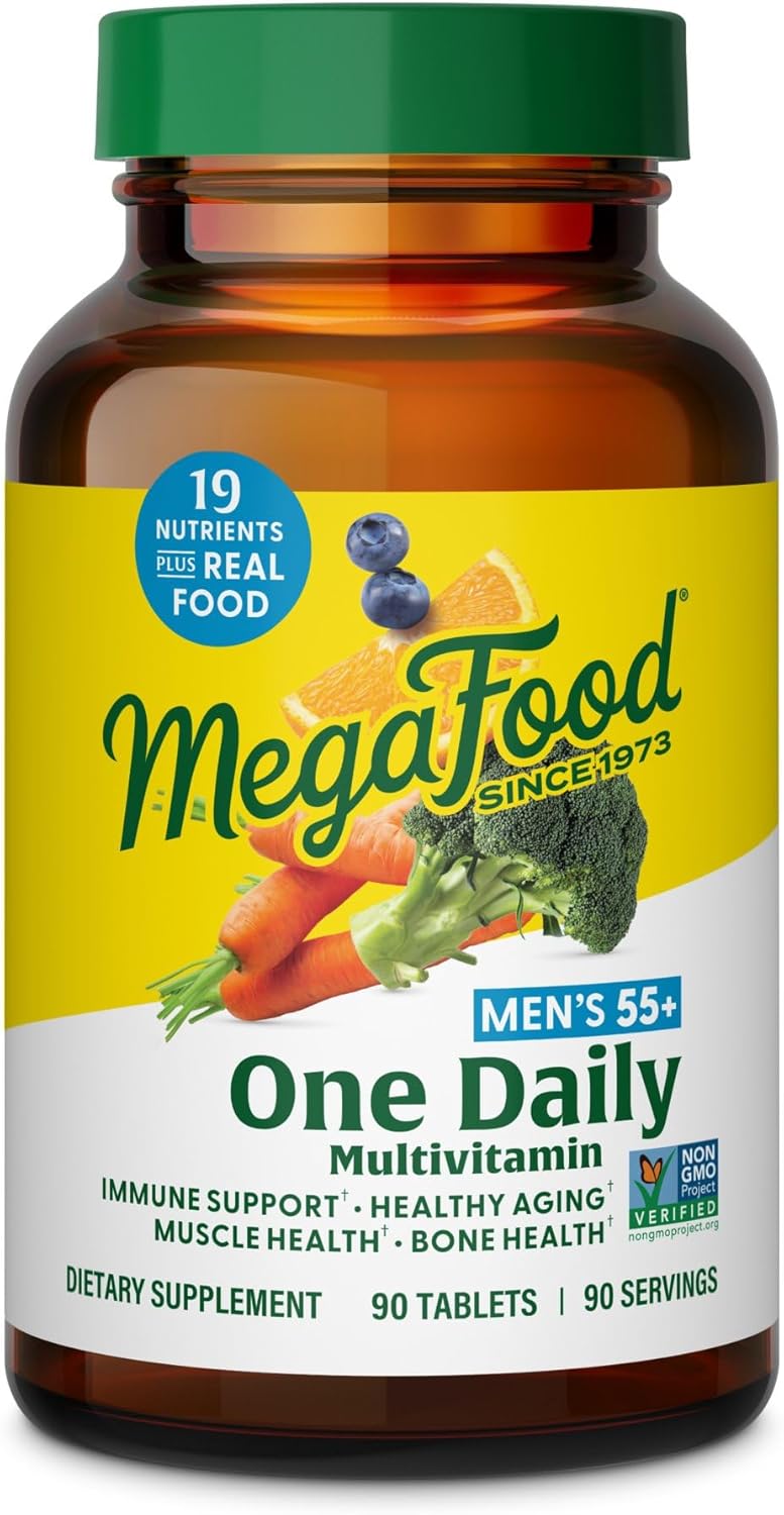 MegaFood Men's 55+ One Daily - Multivitamin for Men with Vitamin B12, C, D & Zinc - Optimal Aging & Immune Support Supplement - Vegetarian - Made Without 9 Food Allergens - 60 Tabs