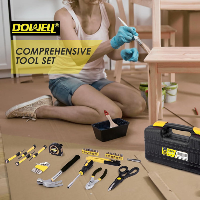 DOWELL 40 Piece Home Tool Set Yellow, General Household Hand Tool Kit with Plastic Toolbox Storage Case, Mini Repair Tool kit for Women, College Students, Home Use & More