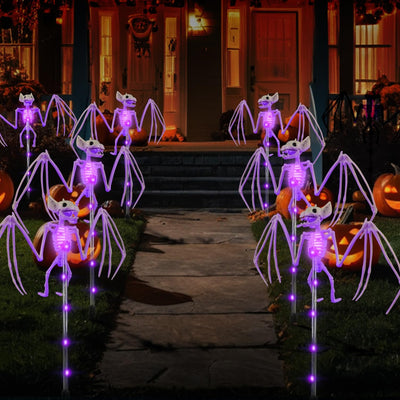 Halloween Decorations Outdoor Solar Garden Lights,2PACKS 3D Scary Bat Realistic Skeleton Outside Decor,Solar Creepy Bats Path Lights for Grave/Yard/House/Halloween Party Gifts Decor Purple