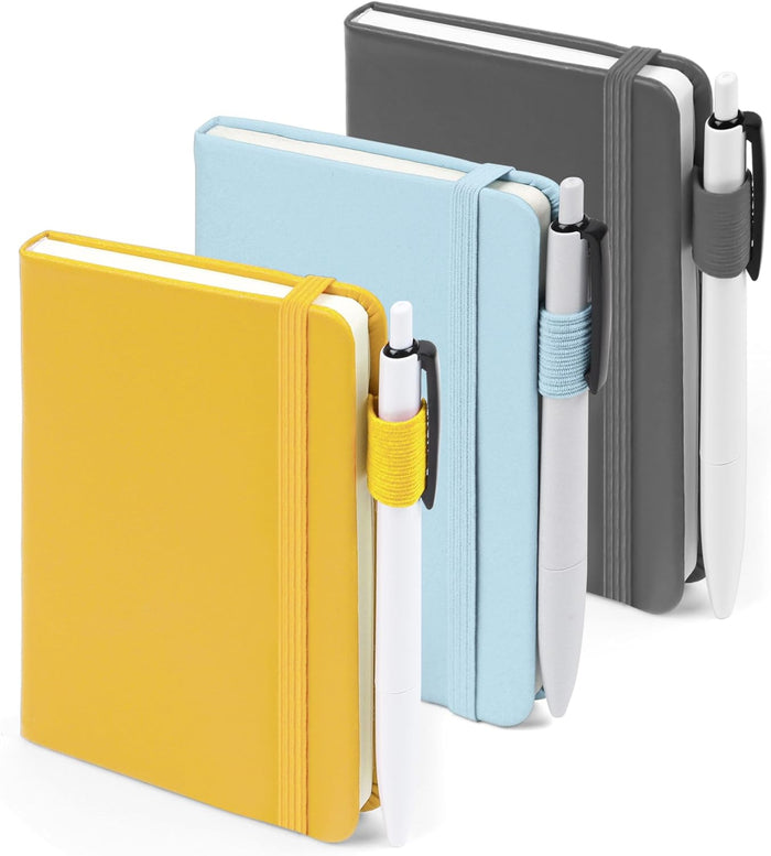 feela 3 Pack Pocket Small Notebook Journals, Mini Cute Hardcover College Ruled Notepad Women Office Supplies, with 3 Black Pens, 3.5”x 5.5”, A6, Pastel Colors, Light Blue, Light Purple, Light Green