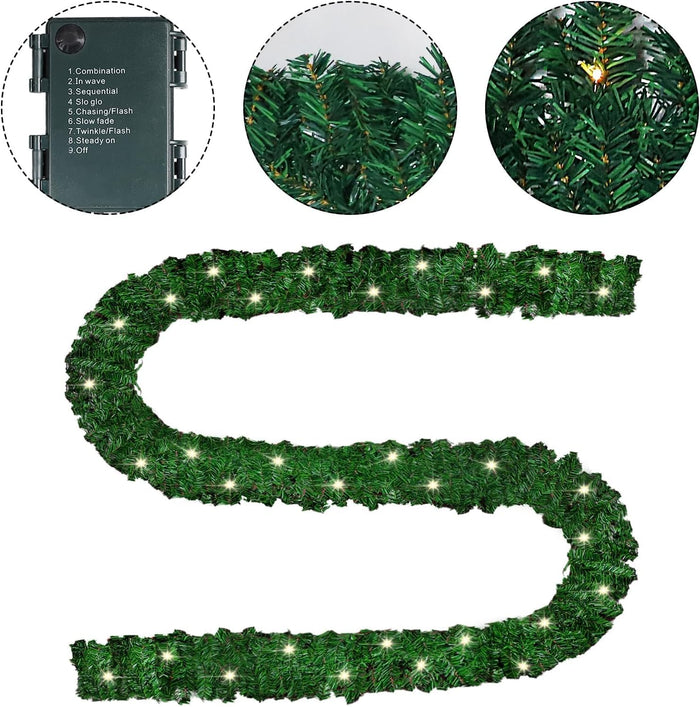MorTime 17.7 FT LED Christmas Garland, Pre-Lit Artificial Garland for Indoor Outdoor Christmas Decorations Multi-Function Christmas Garland with 100 Warm White LED Lights
