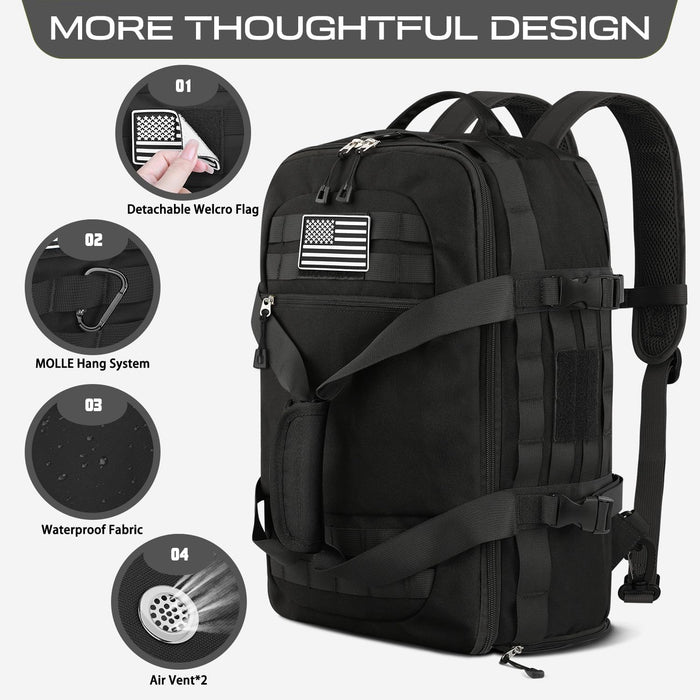 ETRONIK Gym Bags for Men Women, Tactical Duffle Bag Backpack with Shoe Compartment, 3 in 1 Carry on Travel Backpack with Wet Pocket, Weekender Overnight Range Bag for Workout Football Gym, Black